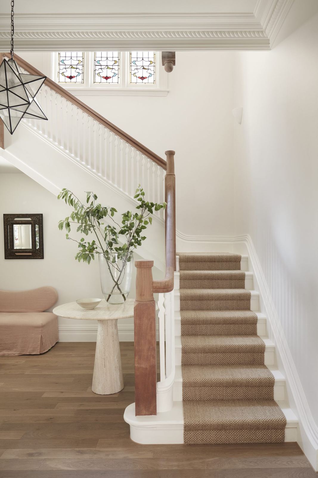Darling Point — entry hall staircase with carpet runner and star pendant light, built by HP Constructions with Hancock Architects