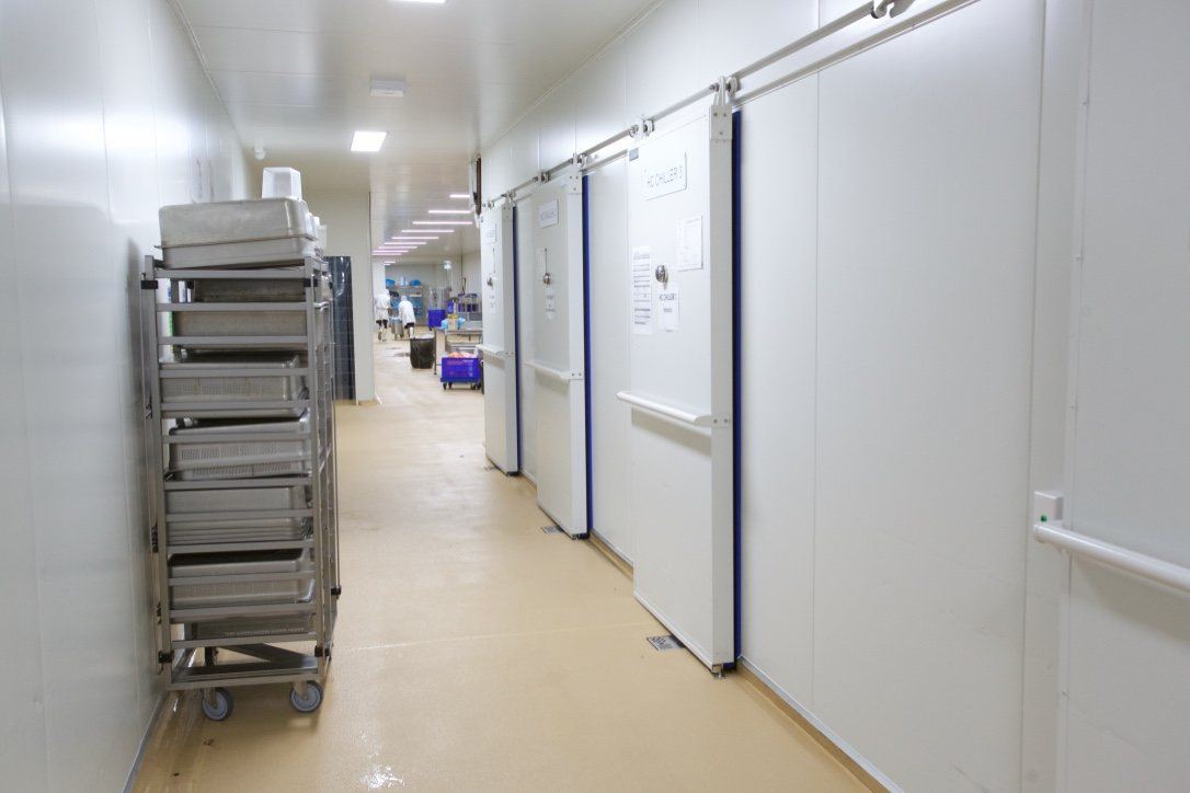 Kitchen Food Company — cold-store corridor with stainless trolleys and sliding doors, built by HP Constructions