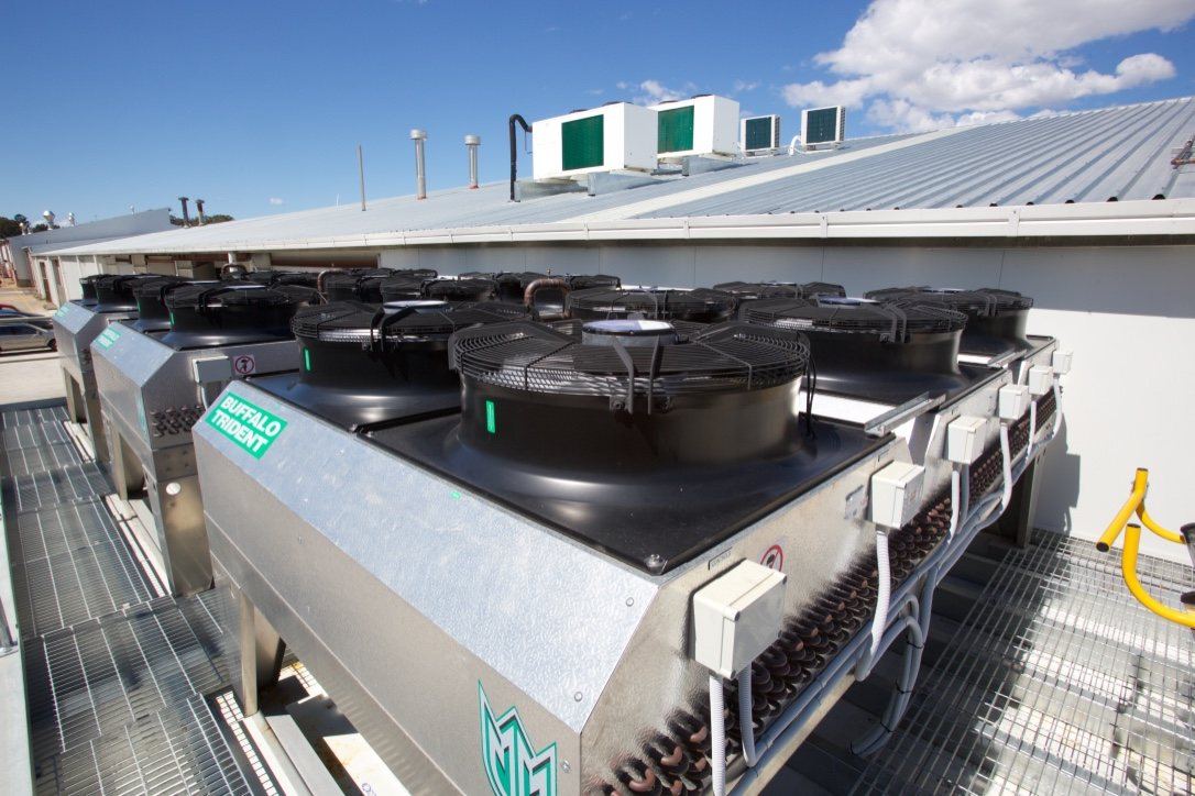 Kitchen Food Company — rooftop refrigeration condenser units mounted on a steel platform, built by HP Constructions