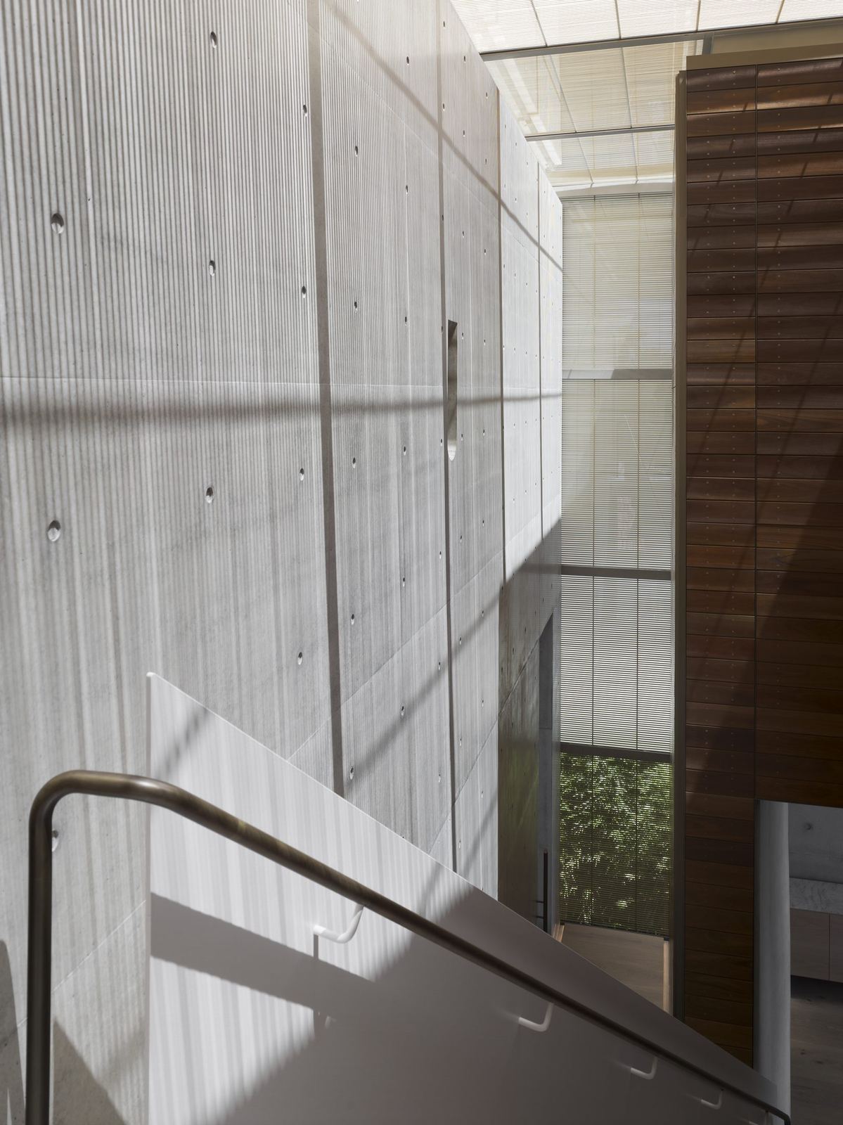 Lurline Bay — board-formed concrete exterior with steel handrail, built by HP Constructions with FJC Studio