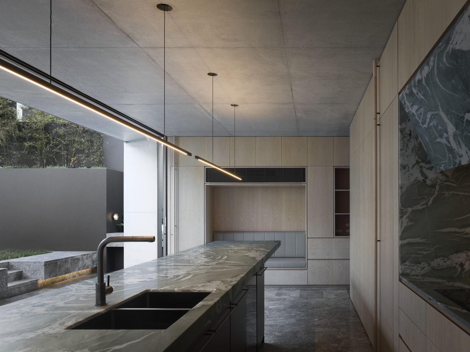 Lurline Bay — kitchen with marble island bench and integrated sink, built by HP Constructions with FJC Studio