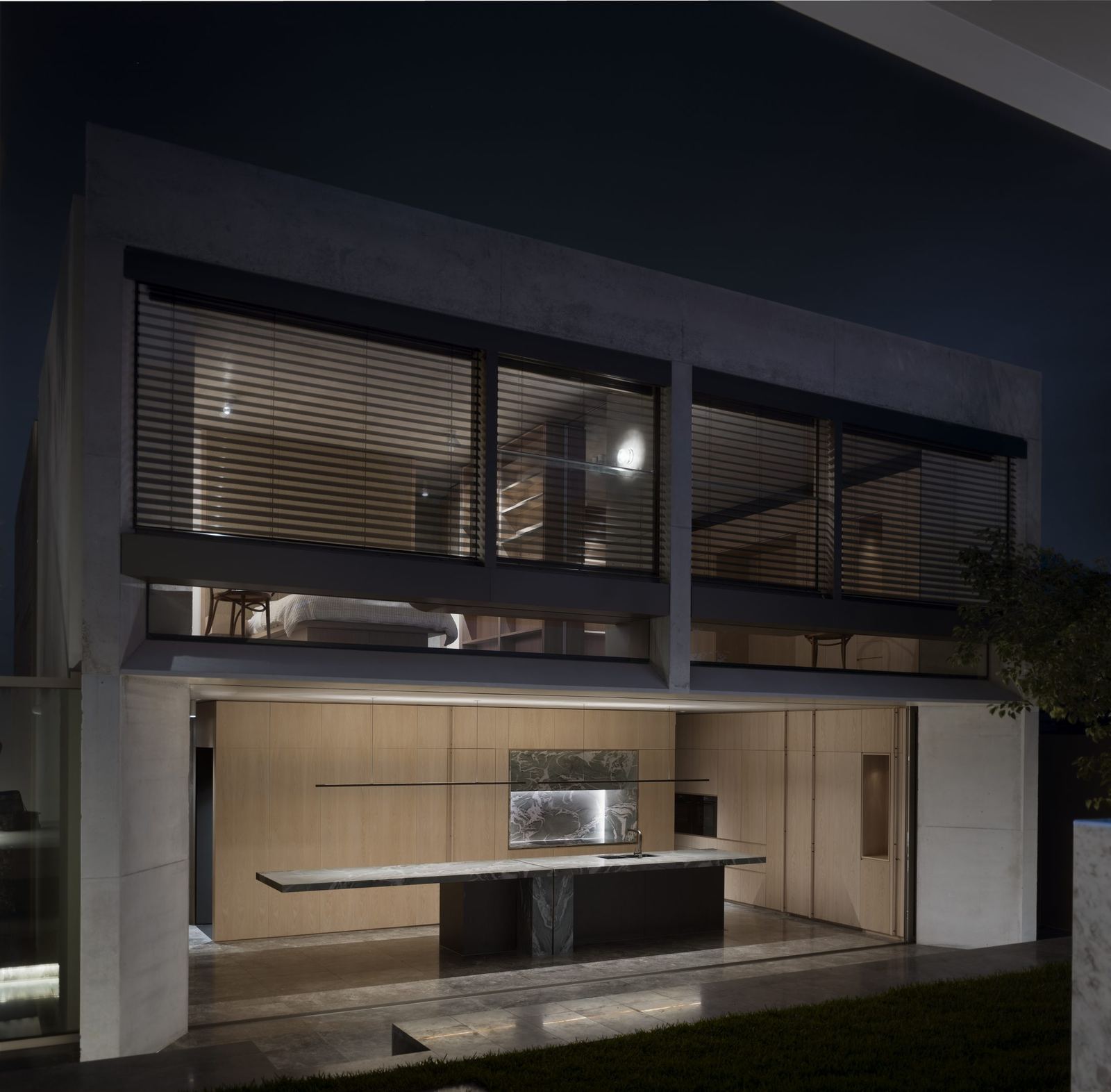 Lurline Bay — the two coastal pavilions at dusk, built by HP Constructions with FJC Studio