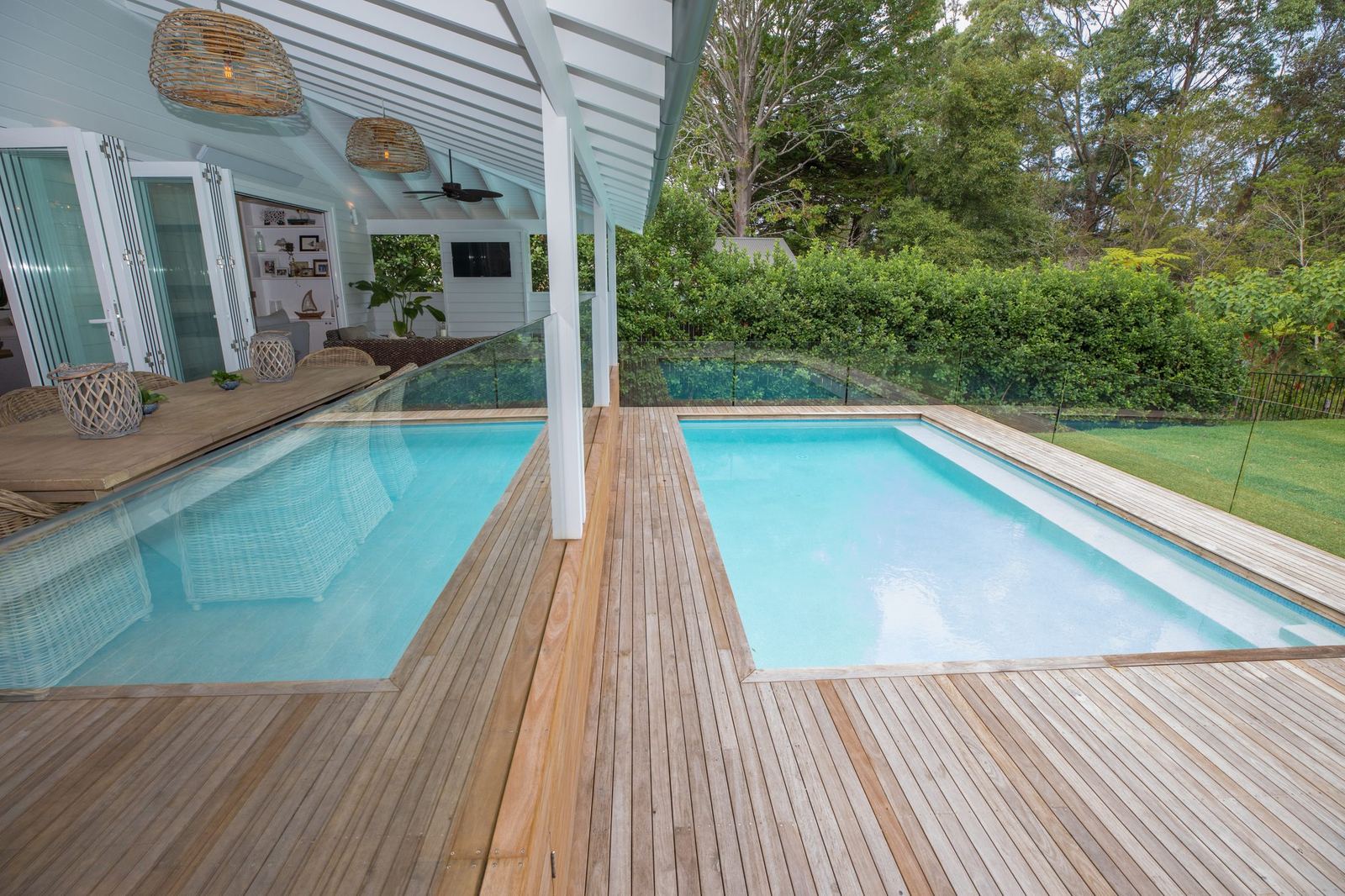 North Balgowlah — swimming pool with timber deck surround and covered lounge, built by HP Constructions with J.D Evans & Co
