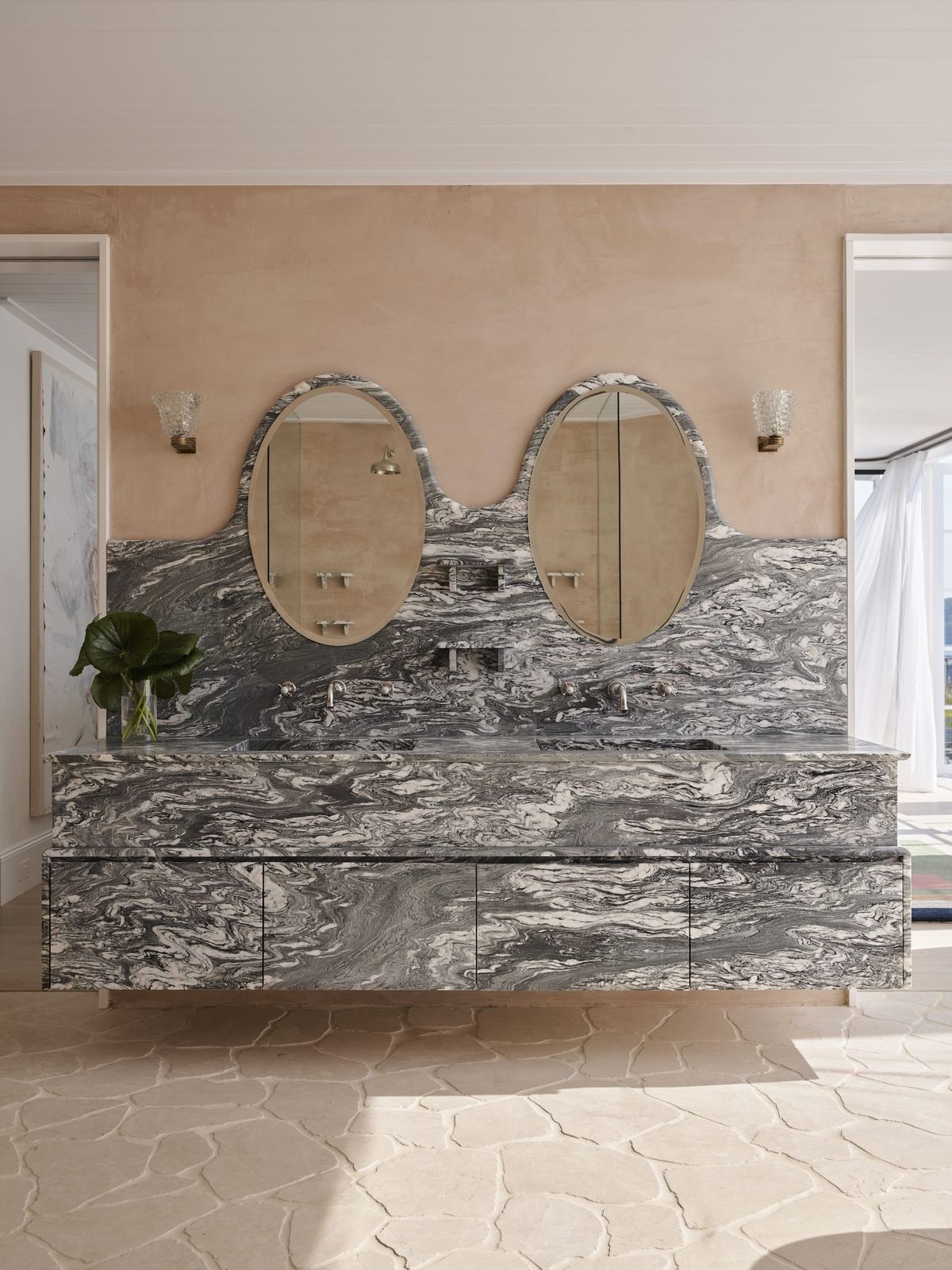 Vaucluse — bathroom vanity in grey marble with twin oval mirrors and sconces, built by HP Constructions with Alexander & Co