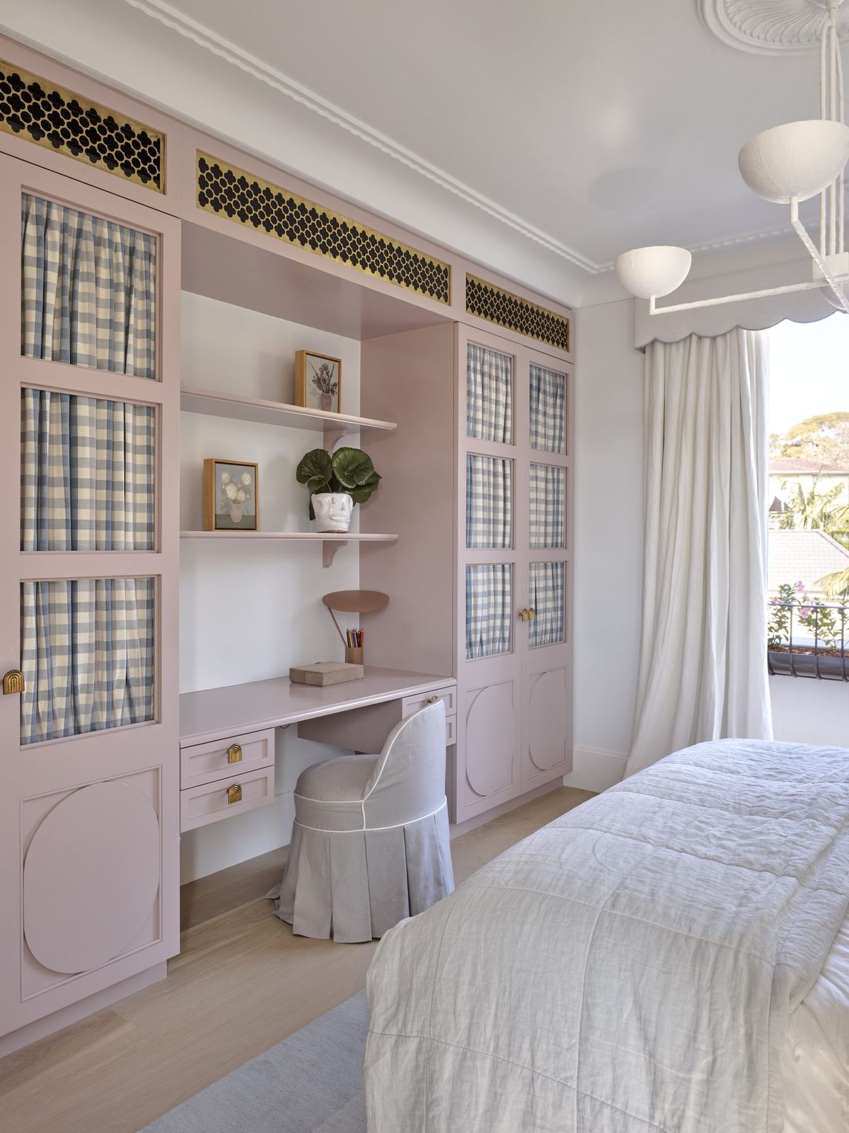 Vaucluse — bedroom with pink built-in joinery, desk nook and skirted seat, built by HP Constructions with Alexander & Co