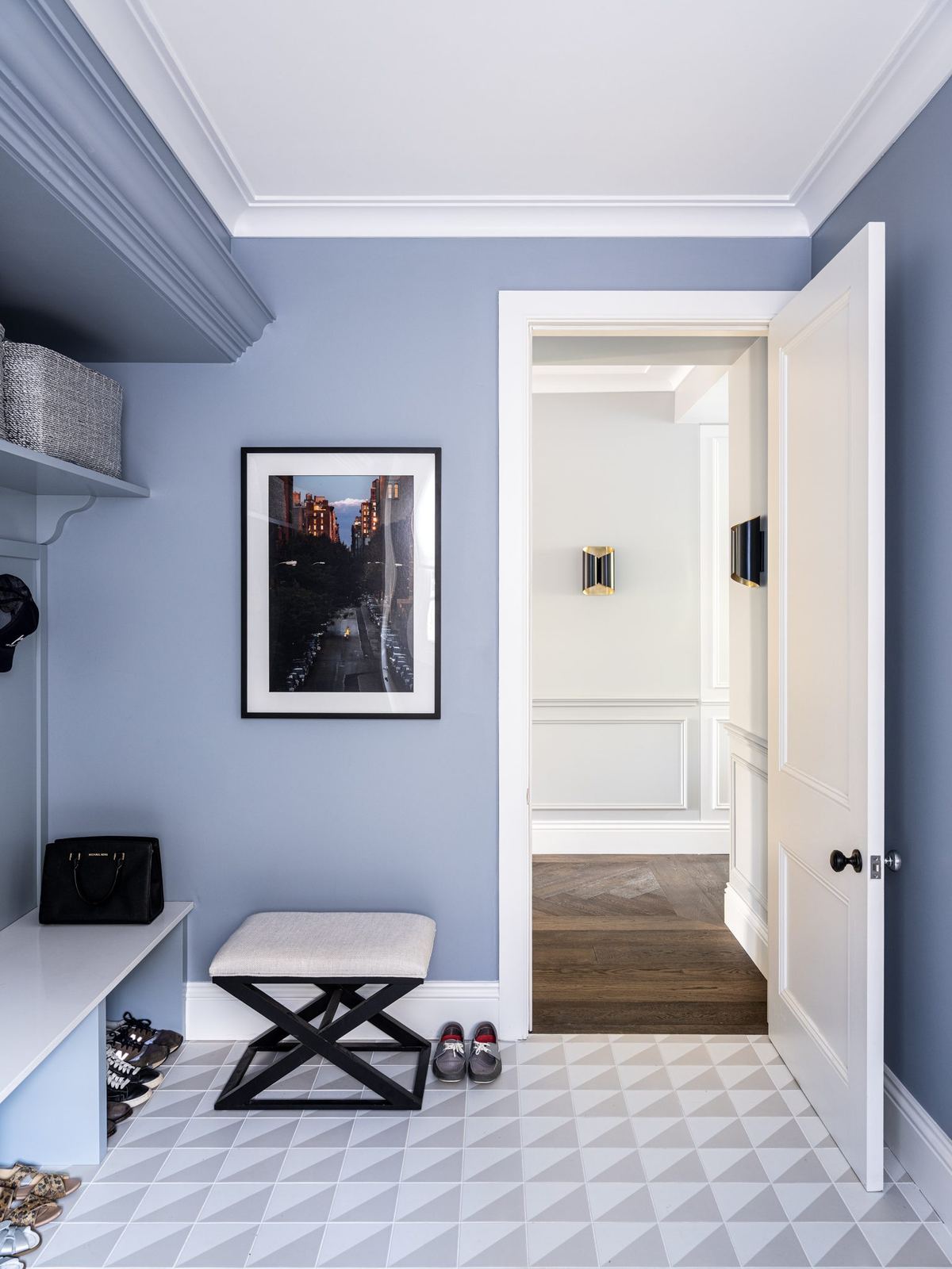 Willoughby — child's room with blue walls, geometric tiled floor and bench, built by HP Constructions with Alexander & Co