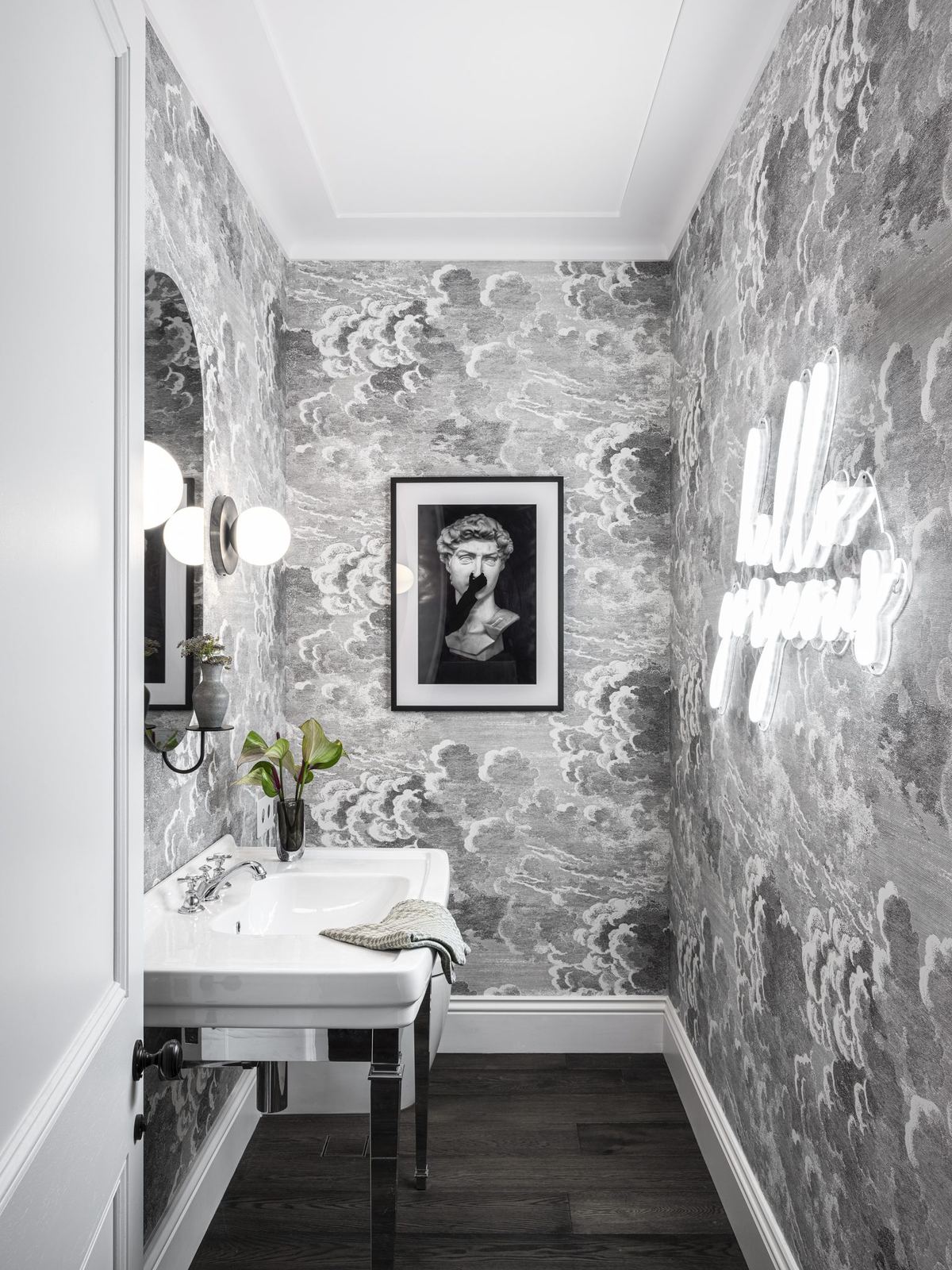Willoughby — powder room with botanical wallpaper and wall-mounted basin, built by HP Constructions with Alexander & Co